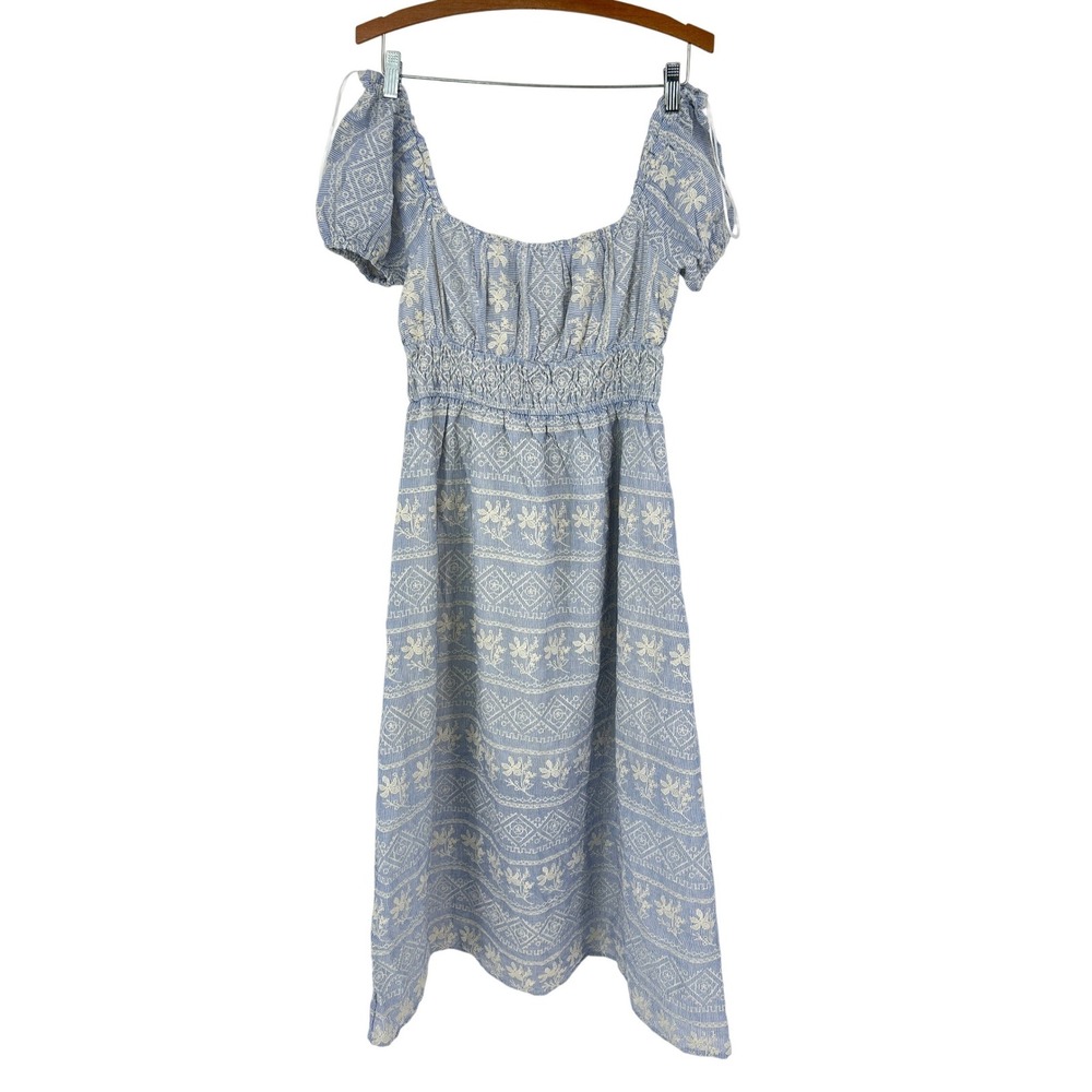 Embroidered Puff Sleeve Smocked Midi Dress Regency Cottagecore Milkmaid Medium - Picture 3 of 9